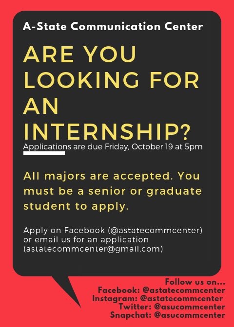 asucommcenter's tweet photo. We are now accepting applications for our internship here at the center. Applications can be found on our Facebook page or by simply emailing us. It’s an amazing opportunity to work with a diverse group of students. #helpingastatecommunicate #astatecommcenter https://t.co/HJXDEX9igp