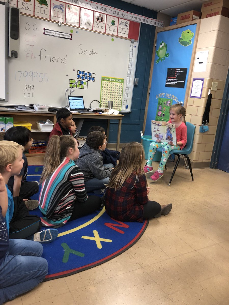 PaulJLarkin's tweet photo. First grader Ivy M. Reading ‘Click Clack Boo’ to her classmates. Great job young lady! https://t.co/oTbMXuKEGl