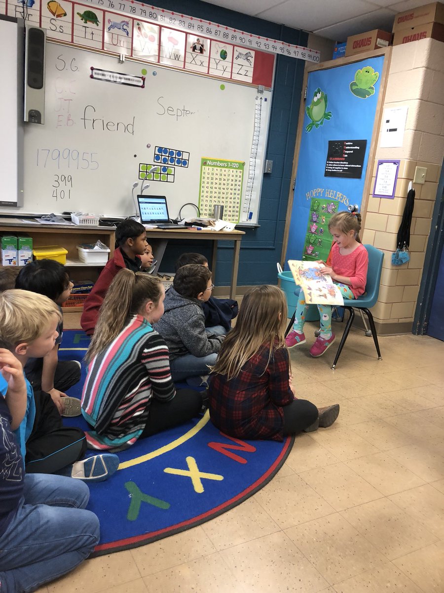 PaulJLarkin's tweet photo. First grader Ivy M. Reading ‘Click Clack Boo’ to her classmates. Great job young lady! https://t.co/oTbMXuKEGl