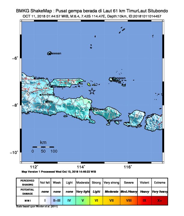 #Gempa Mag:6.4, 11-Okt-18 01:44:57 WIB, Lok:7.42 LS, 114.47 BT (Pusat gempa berada di Laut 61 km TimurLaut Situbondo), Kedlmn:10 Km Dirasakan (MMI) III-IV Denpasar, III Karangkates, III Gianyar, III Lombok Barat, III Mataram, III Pandaan #BMKG
