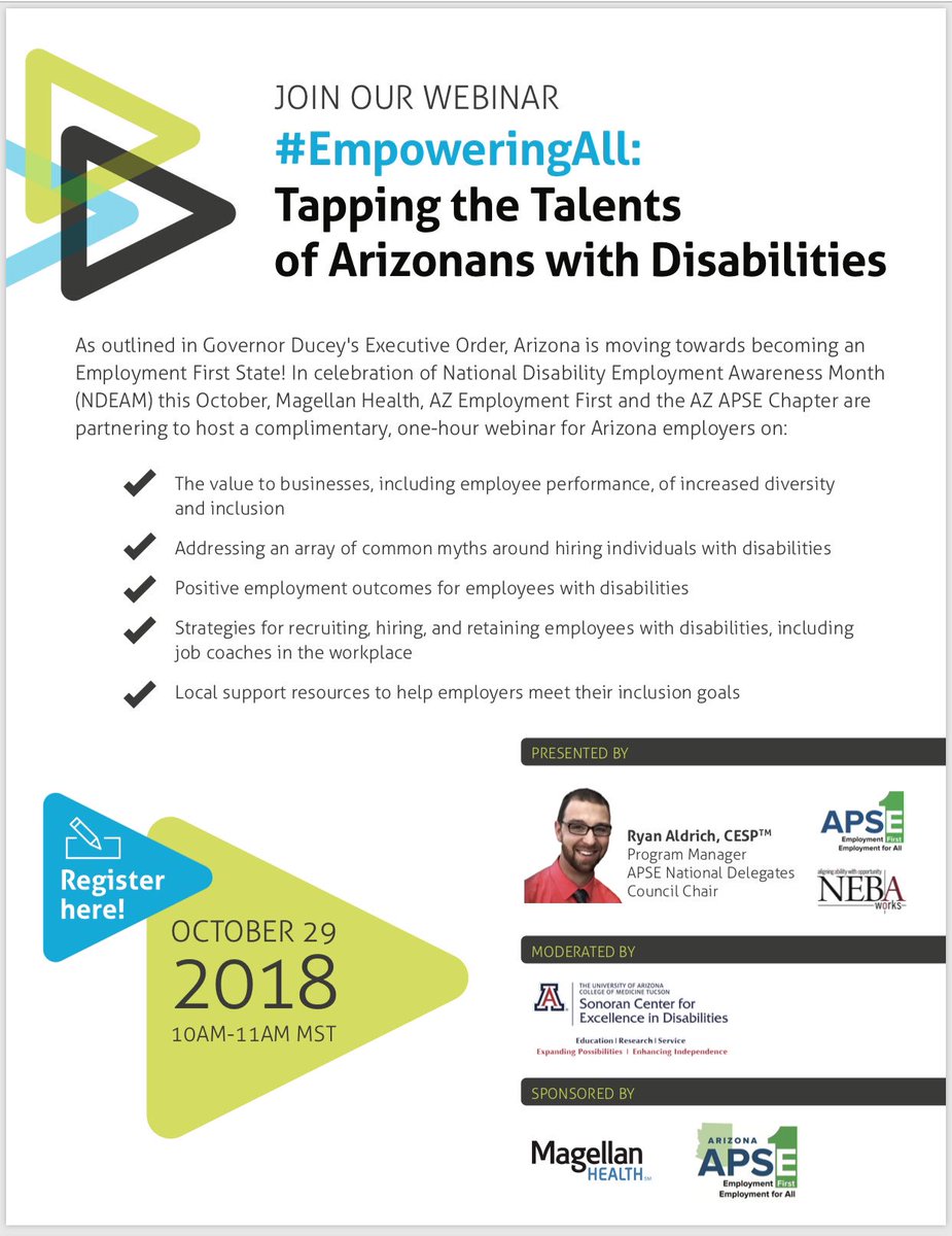I’ll be facilitating a webinar exclusively for #Arizona employers, sponsored by Arizona APSE and @MagellanHealth on 10/29 as part of #NDEAM! Contact me if you are interested in hosting or sponsoring a similar event! #EmpoweringAll #EmploymentFirst 
 @sonorancenter