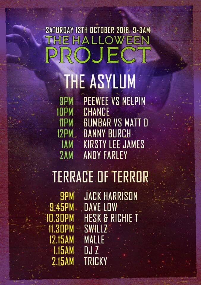 The Halloween Project set times are now out. 
Check them and plan your nights activities 
#TheHalloweenProject #SetTimes #PamsHouse #AdrianFluxArena #KingsLynn #HardDance #HardStyle #Trance #Bounce #TechHouse #House #Halloween #Spooky #Scary #Vibes #Music