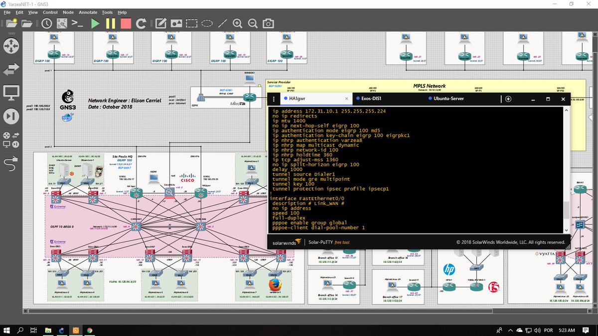 qeloos's tweet photo. Minha topologia mais recente no GNS3.
#solarputtymission #gns3 #cisco #juniper #mikrotik #ubuntu #linux #vyatta https://t.co/wF5as7IcbI