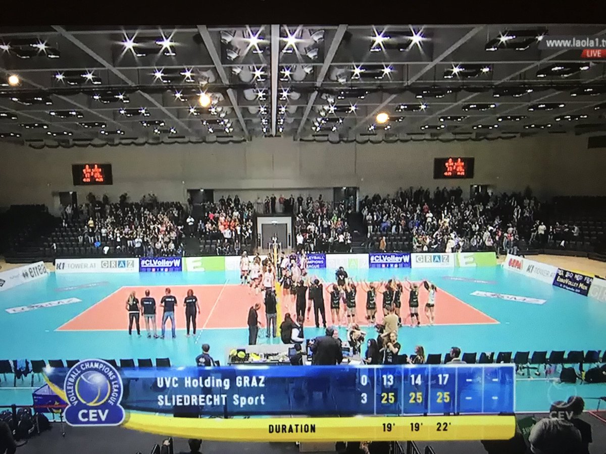 Sliedrecht Sport wint met overtuigende cijfers deel 1 van de #ChampionsLeague ontmoeting tegen UVC Holding Graz. #CLVolleyW 13-25, 14-25 en 17-25 zijn de setstanden (foto: laola1.tv) Volgende week de return in #SporthalDeBasis