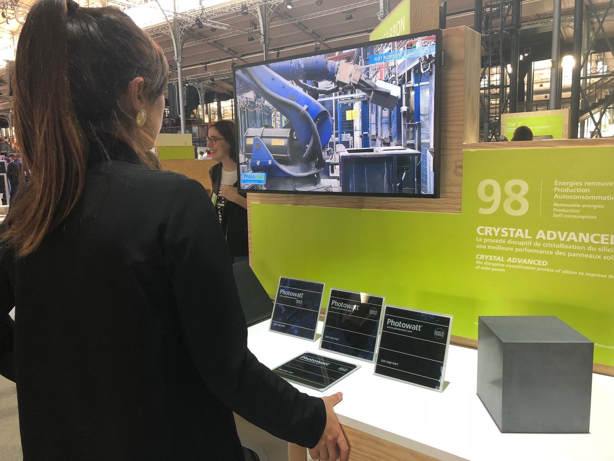 Photowatt's tweet photo. @Photowatt présente aux #ElectricDays #EDF l’innovation #CrystalAdvanced, le panneau #solaire #monolike bas carbone haute performance fabriqué en Isère https://t.co/C7qzC0QImE