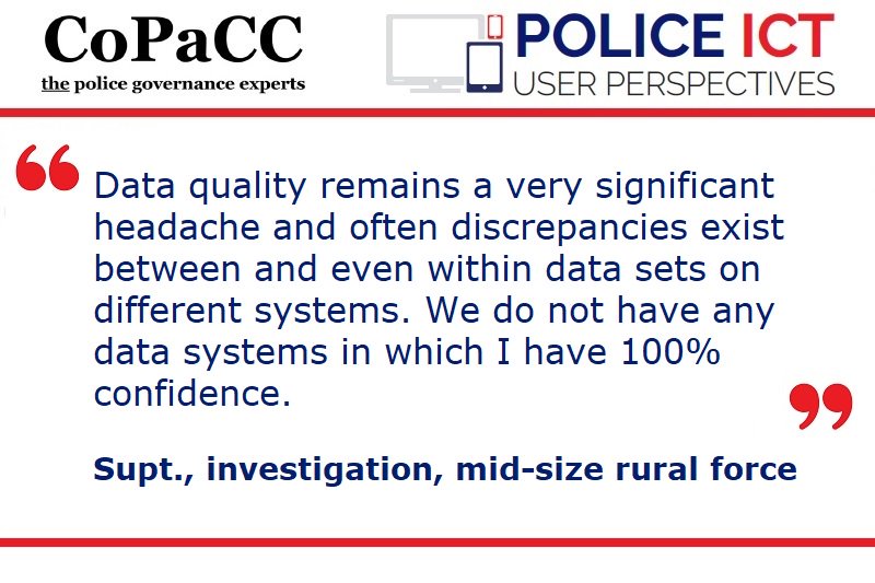 PolicingInsight's tweet photo. Data quality a risk to investigations or at best requiring extra time consuming checks?
More frontline insights in the CoPaCC Police ICT: User Perspectives Report #policeict https://t.co/3PYicX2hDs https://t.co/puw283LLOX