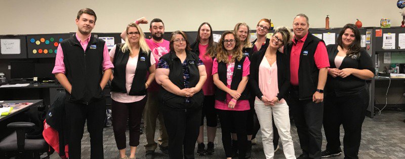DriversVillage's tweet photo. The DV PINK OUT was an enormous success, with 125 employees putting on the pink to show support for the fight against Breast Cancer.  Our crew showed their spirit with pink shirts, bracelets, pins, hats and more. #BreastCancerAwareness https://t.co/nDf4vKUhE1