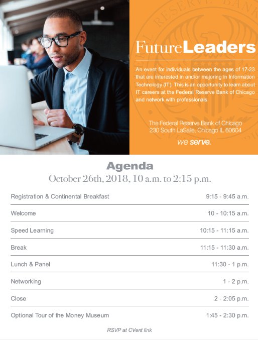 cbenitez_87's tweet image. This program's goals are to educate students/young professionals about the IT/IS careers at the FRBC, to provide a networking opportunity with our IT/IS professionals, and to hear from senior leaders in the IT/IS industry.
