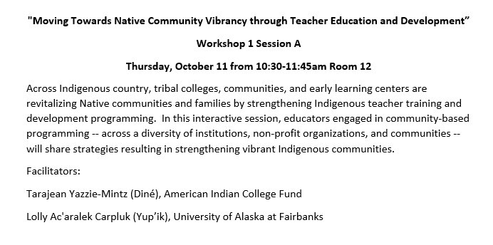 The @collegefund contributes to #NIEA2018 session, 'Moving Towards #NativeCommunity Vibrancy through #TeacherEducation & #Development'. Join the interactive session engaging five #TribalColleges from #NM #WA #MT #MN @WereNIEA