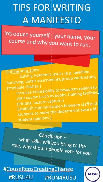 RUSUacademicrep's tweet image. If you want to put yourself forward as a Course Rep but are unsure how to write a manifesto make sure you follow our template as guidance! 
It should be clear and concise, of no more than 250 words and include why you want to run for the role! 
#RUN4RUSU #RUSU4U