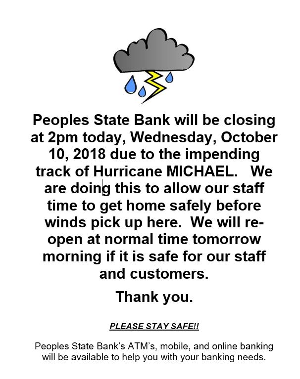 psbbiz's tweet photo. PSB will be CLOSING today @ 2pm Wednesday, October 10th, due to the impending track of Hurricane #Michael. If the weather does not permit safe travel PSB will remain closed. We will continue to monitor the weather situation to determine if we will be able to open on Thursday. https://t.co/2Z77NGwVU3