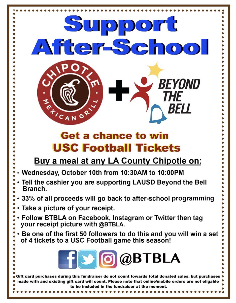 BTBLA's tweet photo. Donโt forget to support after school programs today, and get a chance to win your usc tickets! #btbstrong #staylategraduate #supportafterschool #thankyouchipotle #uscfootball https://t.co/WjssbdqSpE