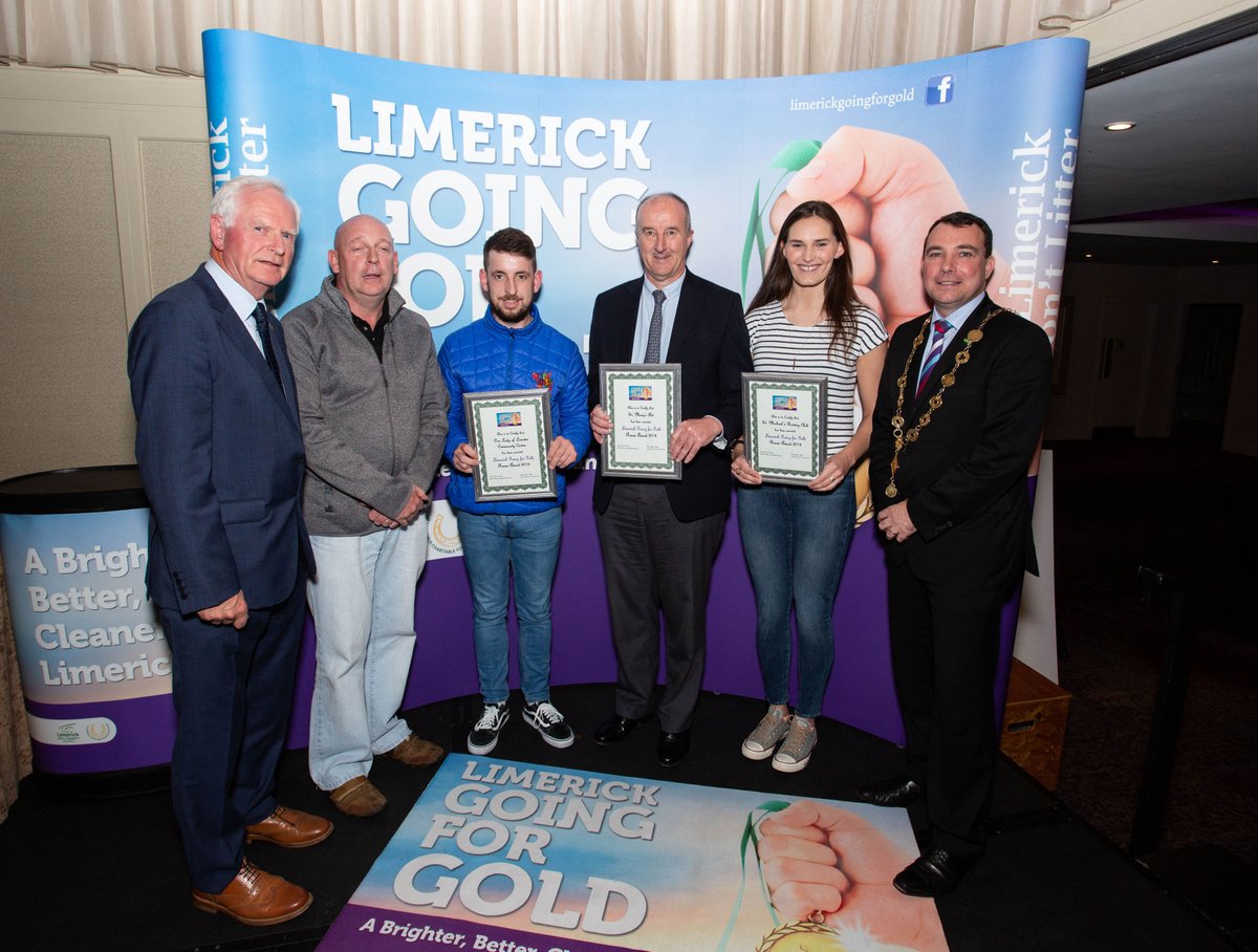 LimerickEnviron's tweet photo. OLOL Food Waste Prevention Course @StMarysAidLtd Bike Reuse Scheme and @smrcrun for their #RunReuseRefill 10k &amp; 5K run.   Deserving winners of the Limerick Going for Gold #Reuse Awards.   Boluadh Bos one and all. #ReuseEveryDay @ilovelimerick @CRNIreland @LmkTidyTown https://t.co/2Vbhcl9mm2