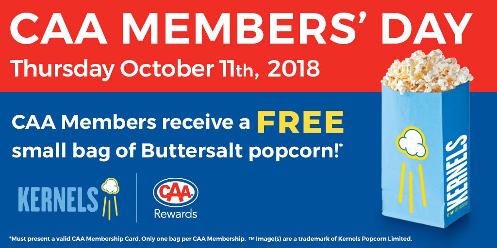 CAAManitoba's tweet photo. 🍿Free popcorn is the best kind of popcorn🍿
Show your CAA card at any @kernelspopcorn tomorrow and receive a FREE bag of Buttersalt popcorn!
#MembershipIsRewarding https://t.co/Ss0RASfxpP