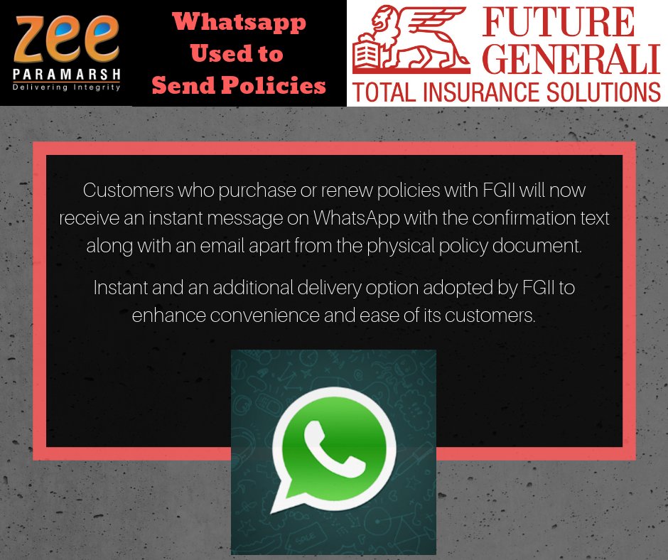 Zee_Paramarsh's tweet photo. Here's another example of adapting current technology in the insurance sector.
This could be a new trend with all insurance providers.
What do you think about this initiative? Share your thoughts in the comments..
#InsuranceWednesdays #WhatsApp @Future_Generali https://t.co/hXvKNbfCas