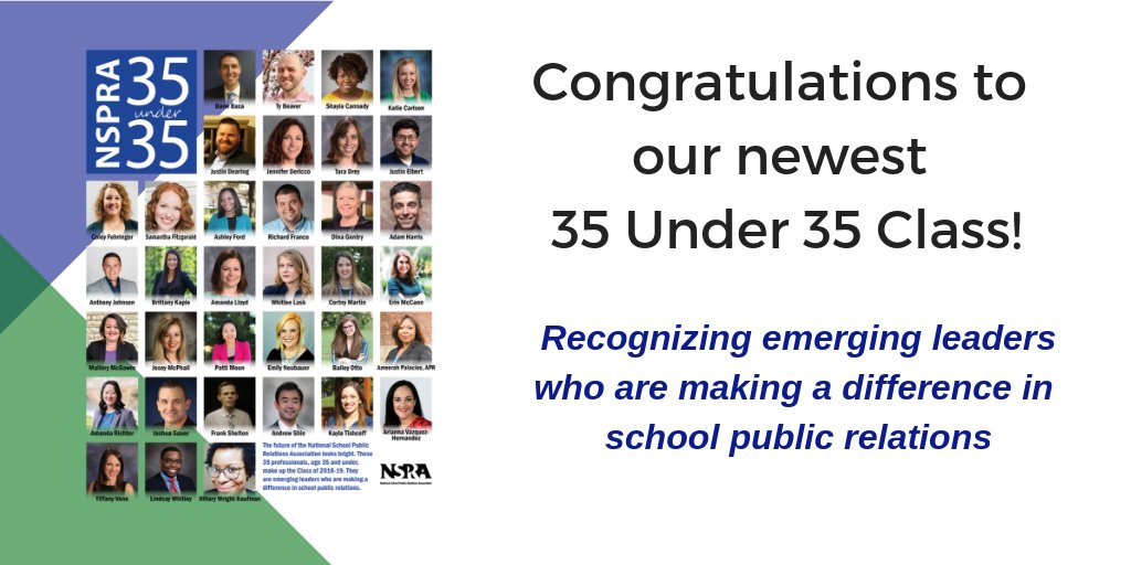 NSPRA's tweet photo. Congrats to our newest class of 35 Under 35! 🎉This group of emerging leaders is proving that strategic communication is timeless, extending easily to our next generation of #schoolPR pros. 🙌

Here are this year’s honorees: https://t.co/Lgzgim1s6h https://t.co/l3mGNqo1zl