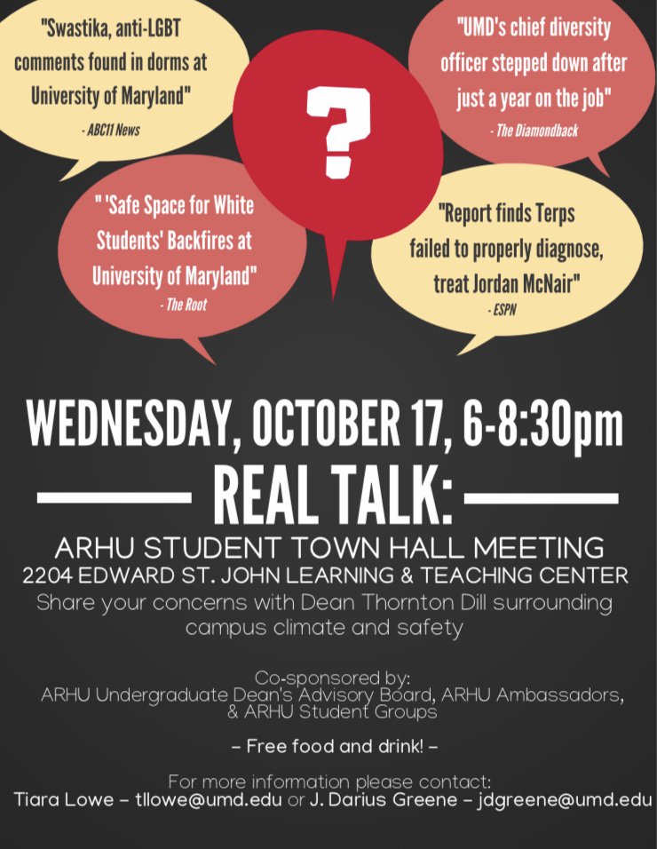 ARHUAmbassadors's tweet photo. Hey ARHU students! Join us Wed. Oct. 17th at 6pm for a real talk. Share your thoughts here: https://t.co/2dwUdSq1kg #ARHURealTalk https://t.co/h7y6fkfTtW