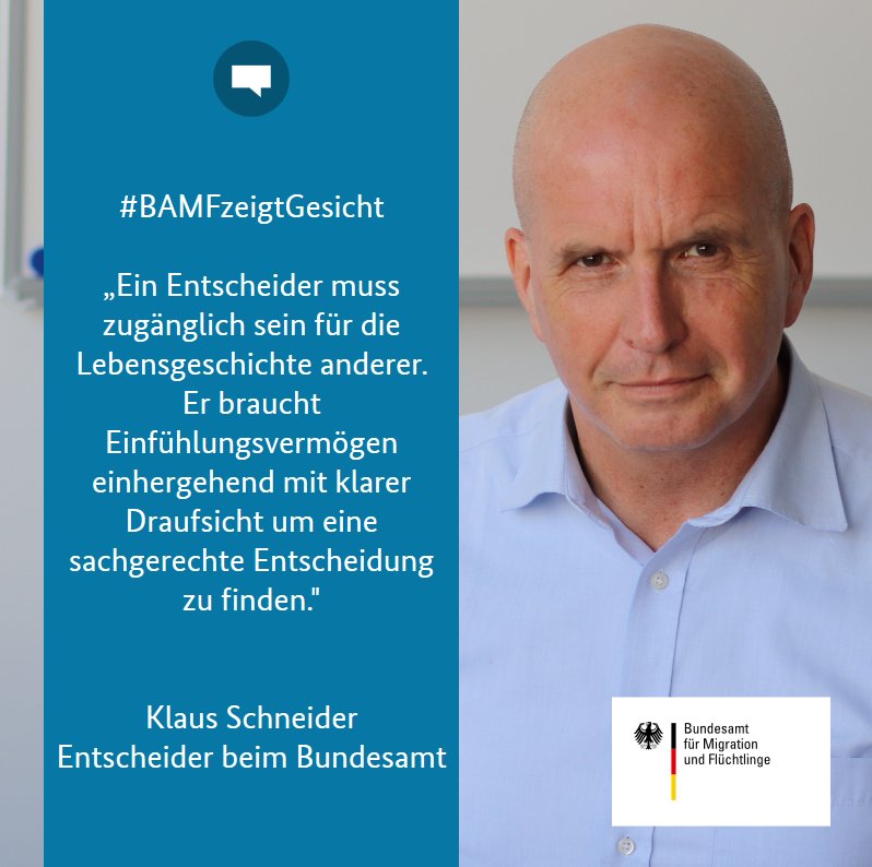 BAMF_Dialog's tweet image. Klaus Schneider ist #Entscheider. Er führt unter anderem die Anhörung durch und entscheidet über den Schutzstatus. In unserer aktuellen Folge von #BAMFzeigtGesicht erklärt er, worin die Herausforderung bei seiner Arbeit liegt und was sie ihm bedeutet: bamf.de/SharedDocs/Soc…