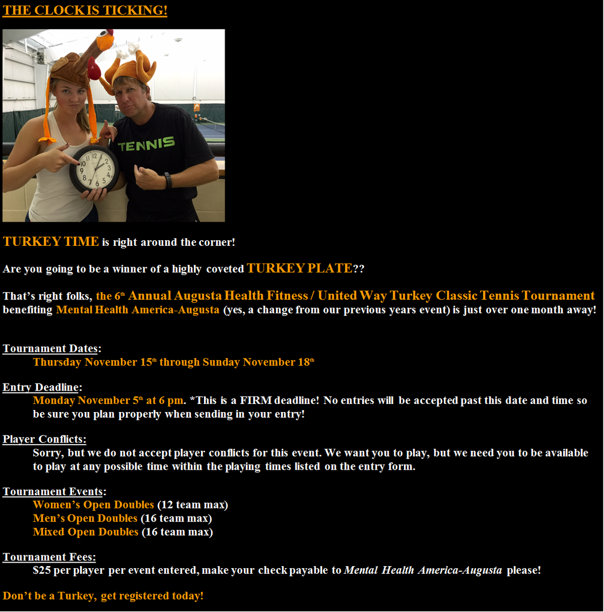 swattennis's tweet photo. SIGN UP for the 6th Annual Turkey Classic Tennis Tournament!! https://t.co/uV5WXG0Tf1