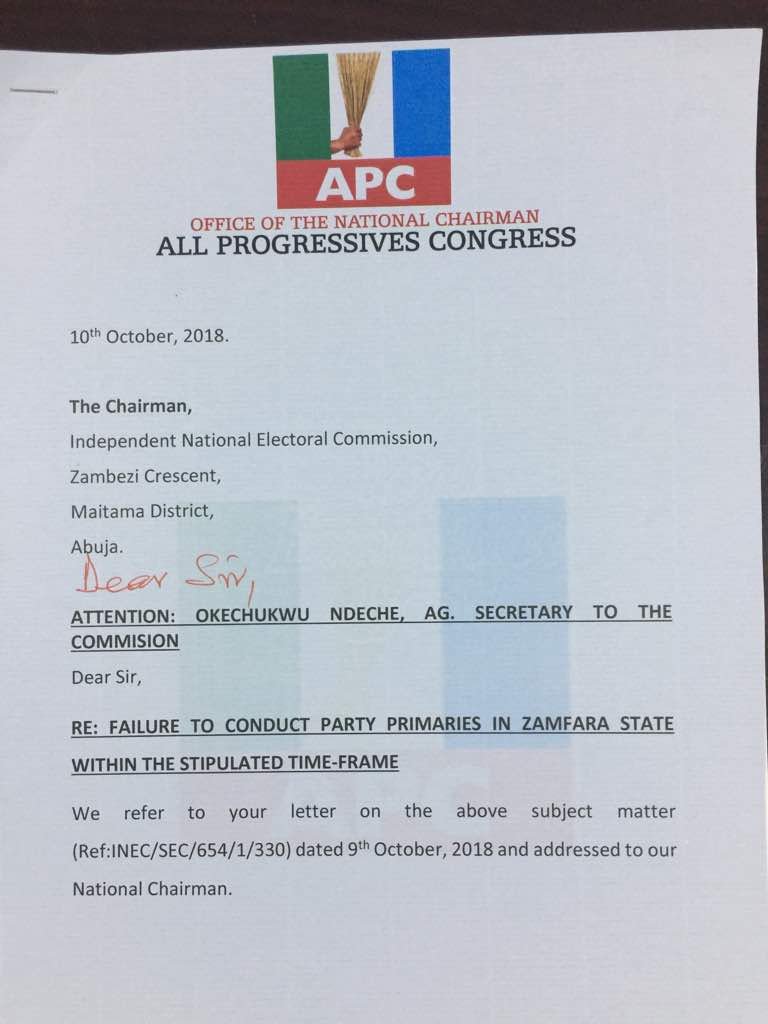 OfficialAPCNg's tweet photo. National Chairman, Comrade Adams Oshiomhole's official response to @inecnigeria on Zamfara #APCprimaries https://t.co/m2bBUJy4wC