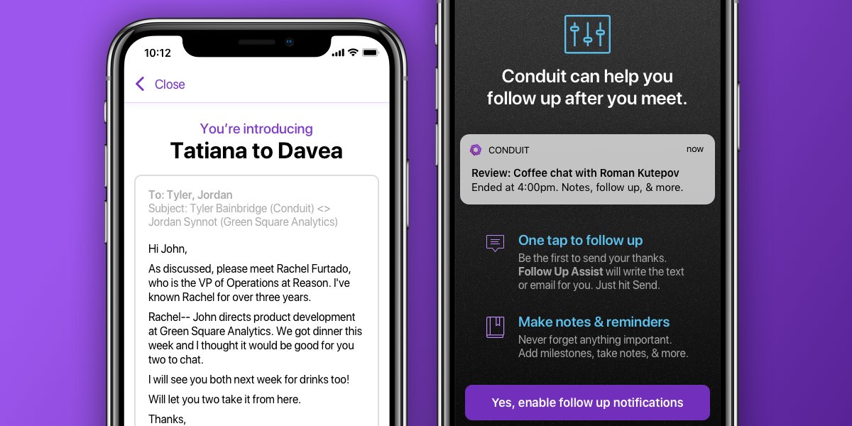 bradr's tweet photo. The upcoming @ConduitHQ for iOS app will dramatically change the way people &amp; orgs build relationships. Think faster, smarter, easier. All our fan favorite features on steroids.

Early beta for insiders begins today. Msg/reach out if interested :) https://t.co/wwNu0ZK3zf