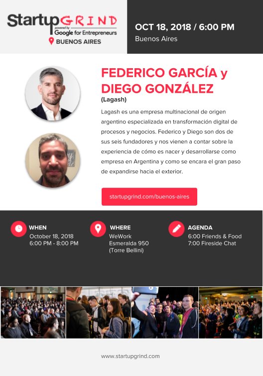 El jueves 18 te esperamos en @WeWork Esmeralda 950 junto a @StartupGrind, dónde @FedexGar, nuestro CEO y @DiegoGCanning, VP de Lagash, estarán hablando sobre la internacionalización de servicios de software. Obtené tus entradas en https://lnkd.in/d5eZ8Tp .#StartupGrindBA #xGem🚀