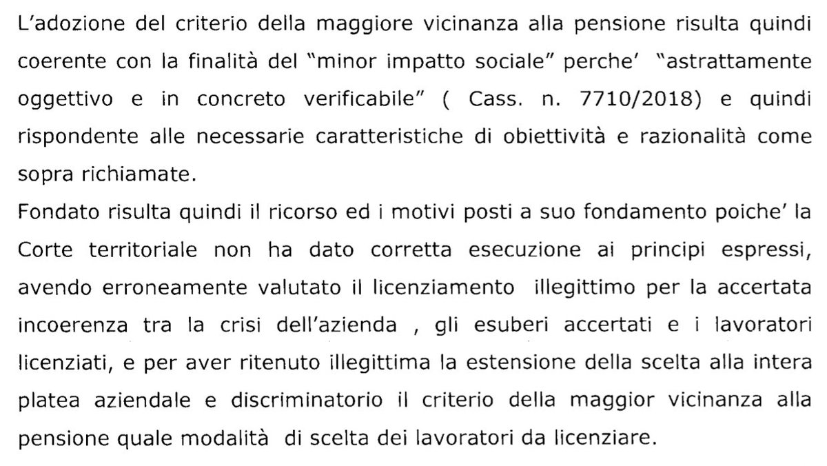 #Cassazione 24755/2018: #licenziamenticollettivi, il criterio selettivo della maggiore vicinanza alla #pensione è legittimo in quanto oggettivo e coerente con la finalità del minor impatto #sociale, anche se scollegato dalle cause della #crisi aziendale
italgiure.giustizia.it/xway/applicati…