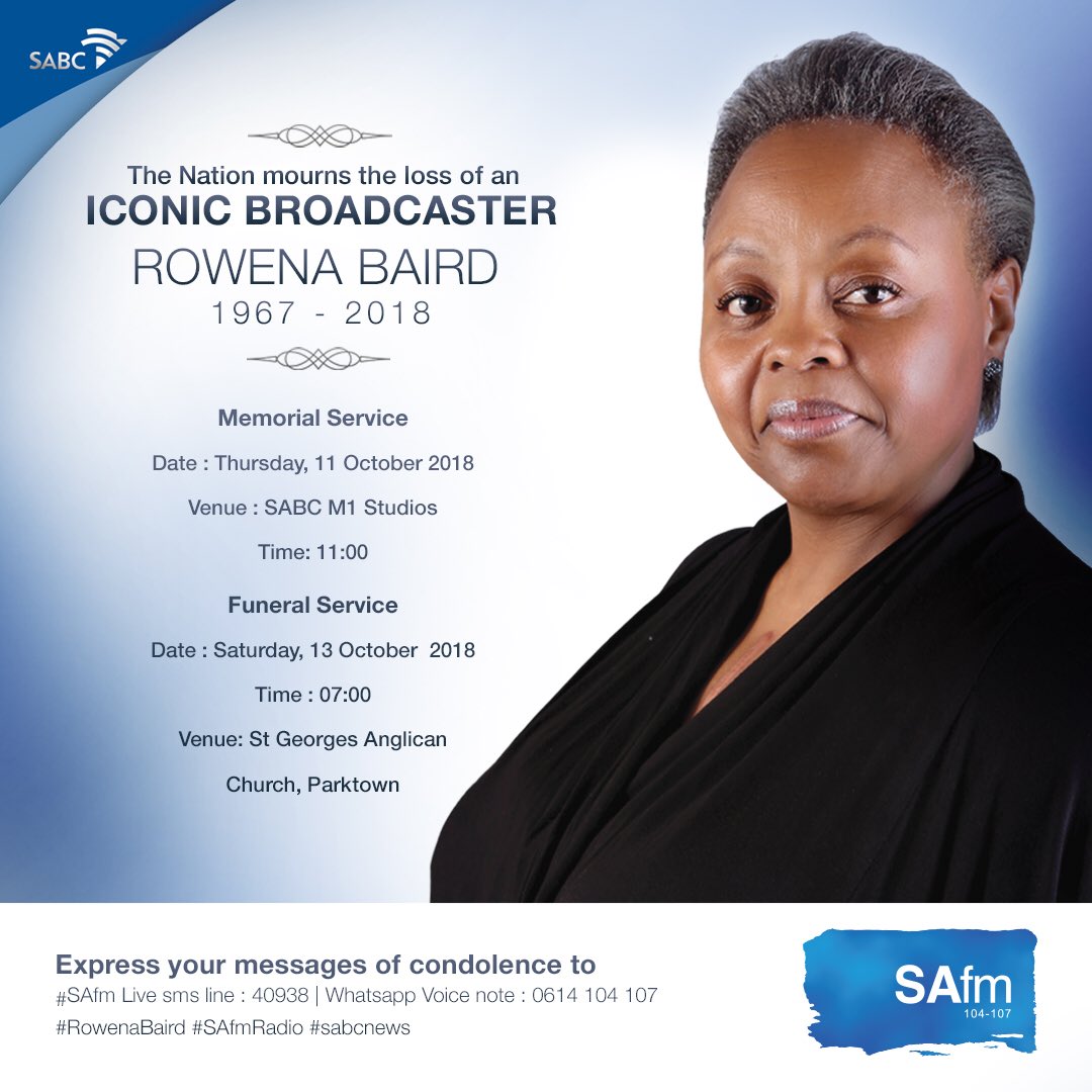BohlokwaMatlosa's tweet photo. Ausi Rowena’s Memorial and Funeral details. 👼🏼 @SAfmRadio @RowenaBaird17 #RIPRowenaBaird https://t.co/MuBEVRrfST