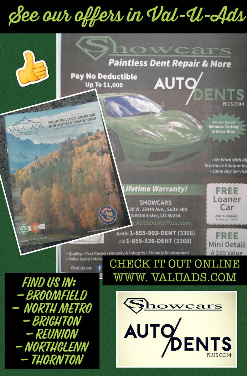 AutoDentsPlus's tweet photo. Find our offers in VAL-U-ADS starting this month!!
Also find us on GOOGLE Search: Showcars Westminster
***CALL TODAY***
        Liz    855-336-DENT(3368)
  Justin    855-903-DENT(3368)
       Seth  877-380-HAIL(4245) https://t.co/tzYaEIuMXD