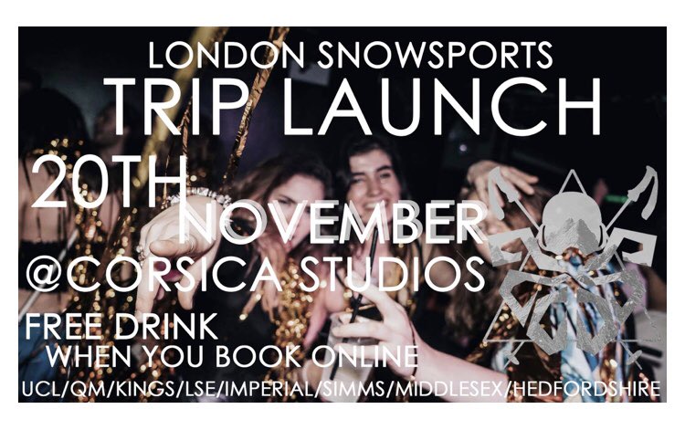 SIMMSNOW's tweet photo. LAUNCH PARTY - 20th November we will be joining other London unis to party at Corsica. £5 ticket which will include a drink. Book online via wasteland and use the code BIGLONDONBLOWOUT 🍻🍻 come join the biggest snow sports party!! https://t.co/B4mENvJTob