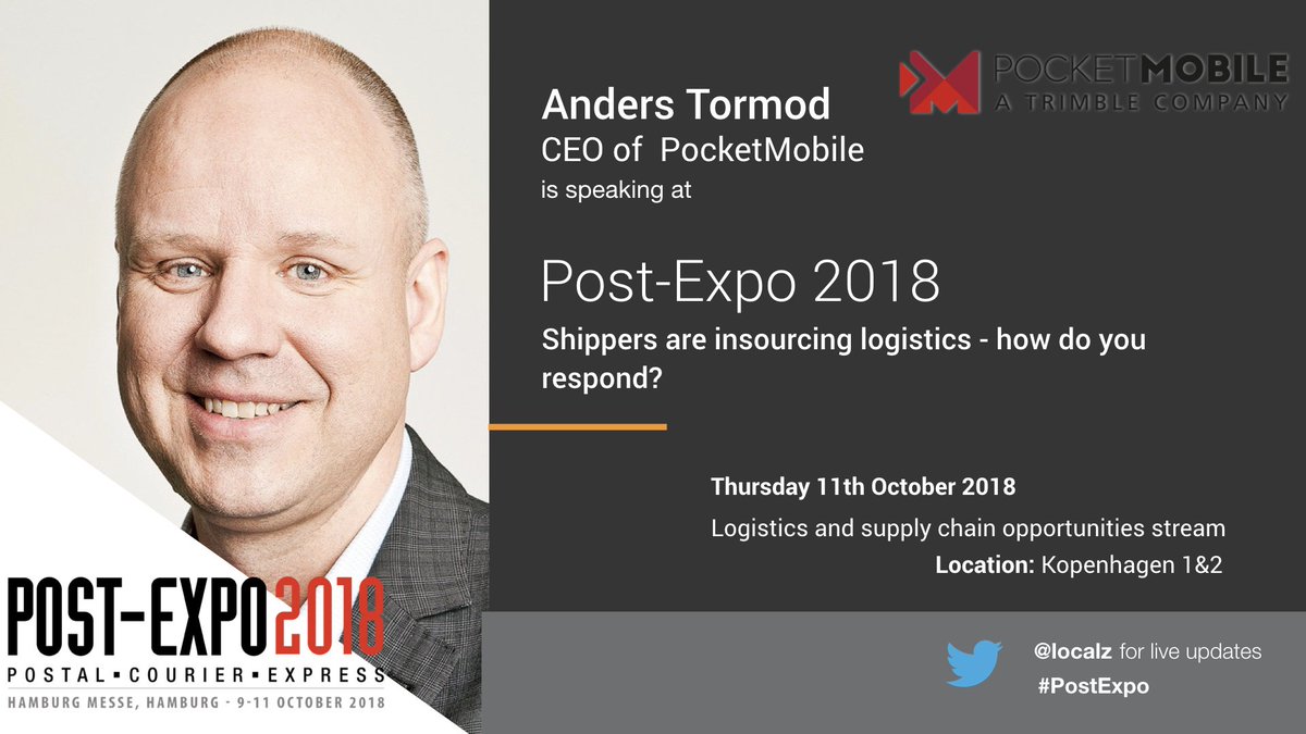 localz's tweet photo. #PostExpo18 keynote speaker worth talking to: PocketMobile's Anders Tormod “Shippers insourcing logistics – how do you respond?” tomorrow #PostExpo 📦@TrimbleNews @ALKTech https://t.co/K0munwSdsD