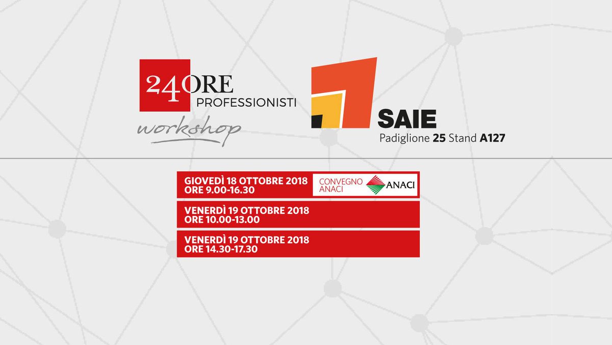 Il Gruppo 24ORE al #Saie con "24ORE Professionisti Workshop", l'evento di informazione e formazione per le professioni tecniche. Si parlerà di #riqualificazione, #antisismica #appalti. Scopri il programma e registrati 
workshopsaie2018.ilsole24ore.com/eventi/saie/la…