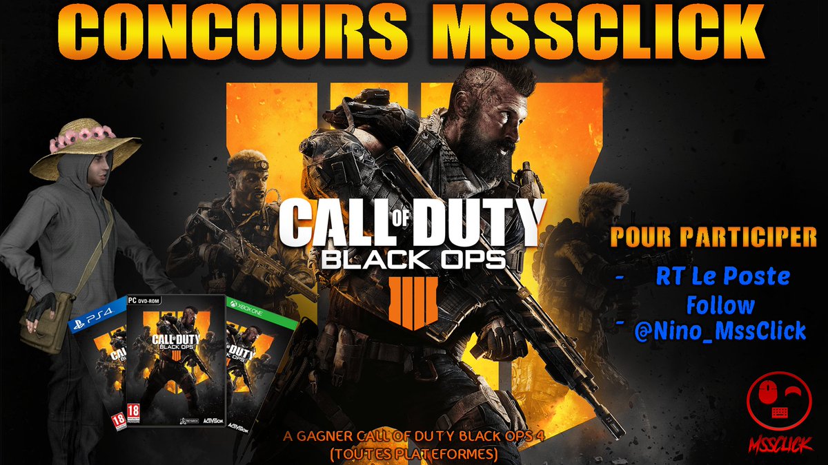 ninomssclick's tweet photo. #CONCOURS #BlackOps4 

Gagne ton #BO4 sur la plateforme de ton choix ! 

POUR PARTICIPER : 
- #RT le Tweet 📲
- #Follow @Nino_MssClick 🗣️

TAS le 13/10 ! 🍀 https://t.co/EtOwZX4Pxa