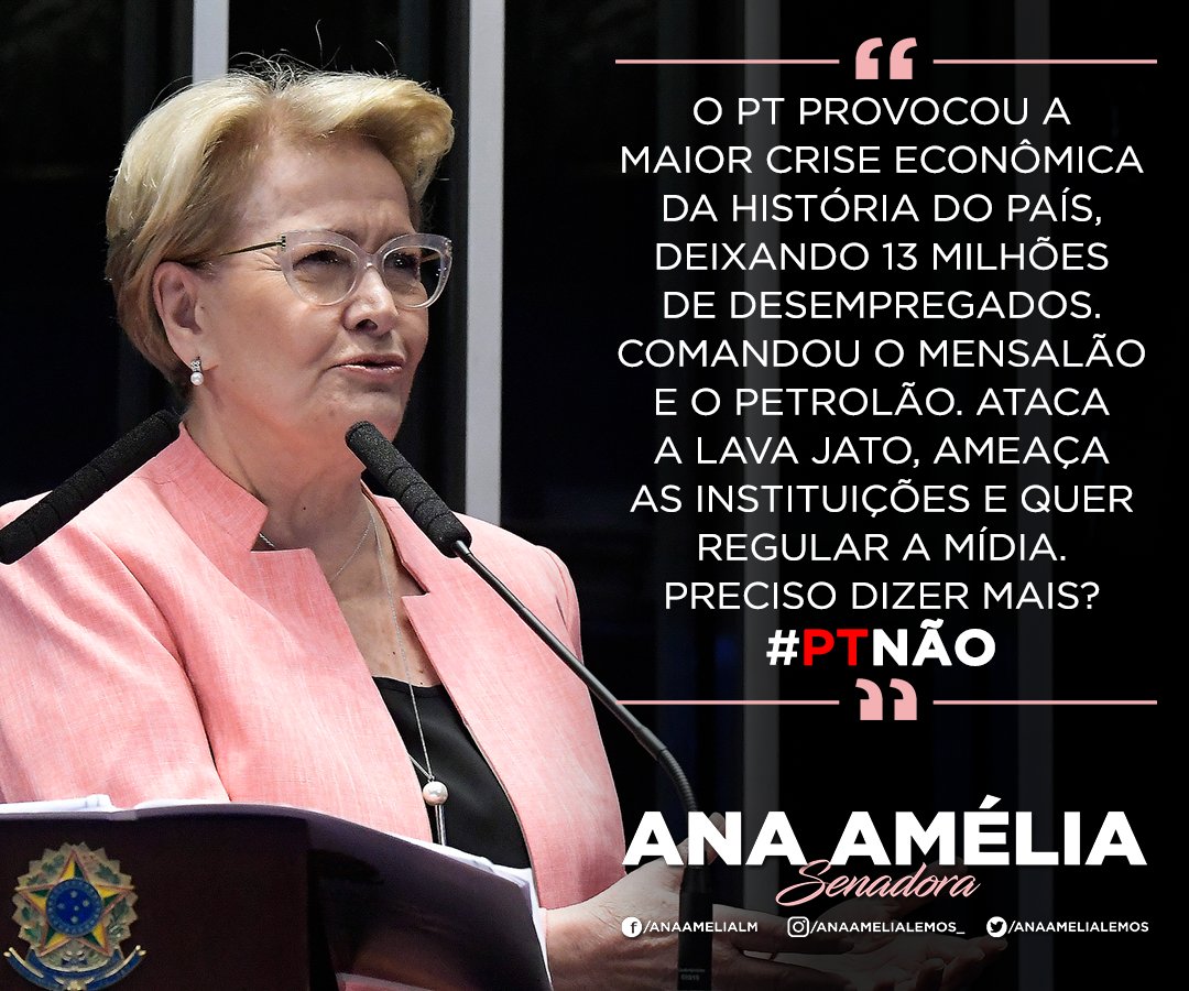 anaamelialemos's tweet photo. O PT provocou a maior crise econômica da história do País, deixando 13 milhões de desempregados. Comandou o Mensalão e o Petrolão. Ataca 
a Lava Jato, ameaça as Instituições e quer regular a mídia. Preciso dizer mais? #PTNão https://t.co/sXeId6VIqK