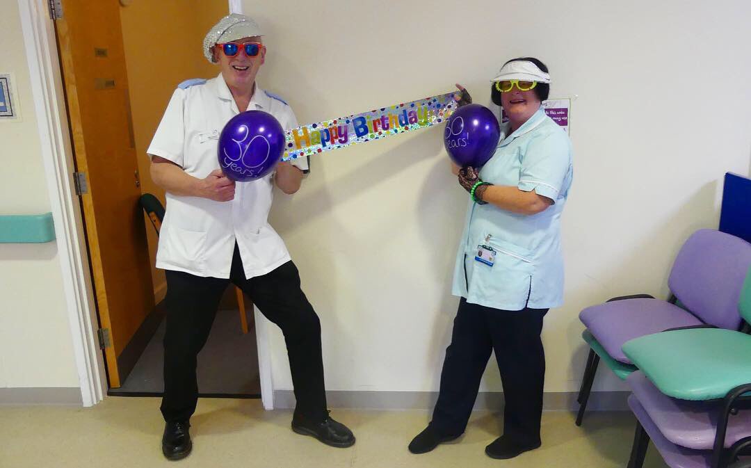 Ashgate_Hospice's tweet photo. Today, our fabulous staff raided their attics and donned their favourite leg warmers and fish nets from the 80s to celebrate 30 years of caring for our community. Donβt they look amazing?! πΈπ #AshgateIs30 https://t.co/x5sfDRHIYA