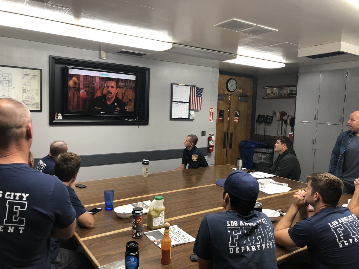 Lacitychiefs's tweet photo. @UFLAC #LAFD firefighters discussing the dangers of skin cancer at the kitchen table &amp; watching @LAFDChief video on #EveryOneGoesHome firefighter safety initiative &amp; free skin cancer screening w @KeckMedUSC thank you @tgamboalocal112 @USC @LAFDChief for your support! https://t.co/E2P8D3oJN7