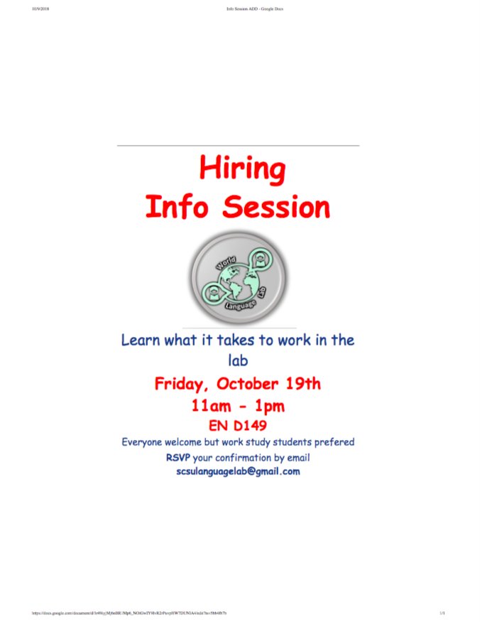 SCSULanguageLab's tweet image. Are you  interested in being a lab assistant? Well you are invited to join our info session to learn what it takes. Please have a look  at the flyer for more info. Everyone is welcomed!