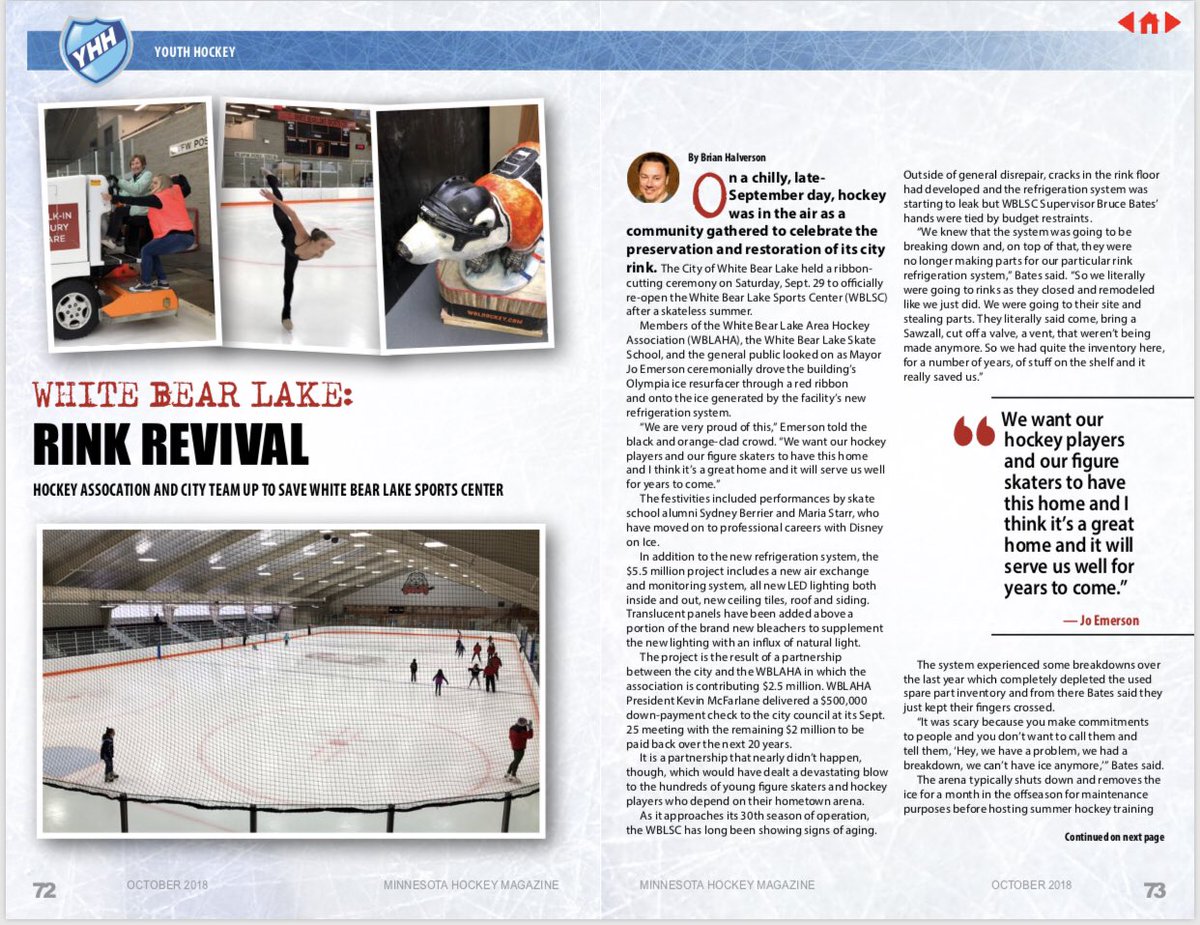 Wrote a story for <a href="/MNHockeyMag/">MN Hockey Magazine</a>’s Fall 2018 Pro &amp; College Primer issue about the partnership between <a href="/wblhockey/">WBL Hockey Assn.</a> and the <a href="/Cityofwhitebear/">CityofWhiteBearLake</a> to save their community rink, the White Bear Lake Sports Center, from extinction and possibly expand the facility.
minnesotahockeymag.com/minnesota-hock…