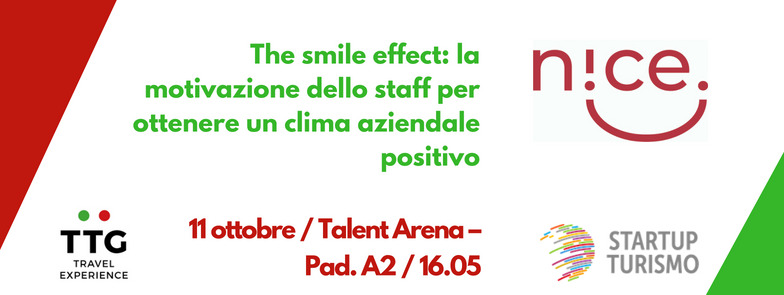 "The smile effect: la motivazione dello staff per ottenere un clima aziendale positivo" è il Fast Talk di Nice che sta per iniziare a breve al @TTGIncontri #ttg2018 #thinkfuture