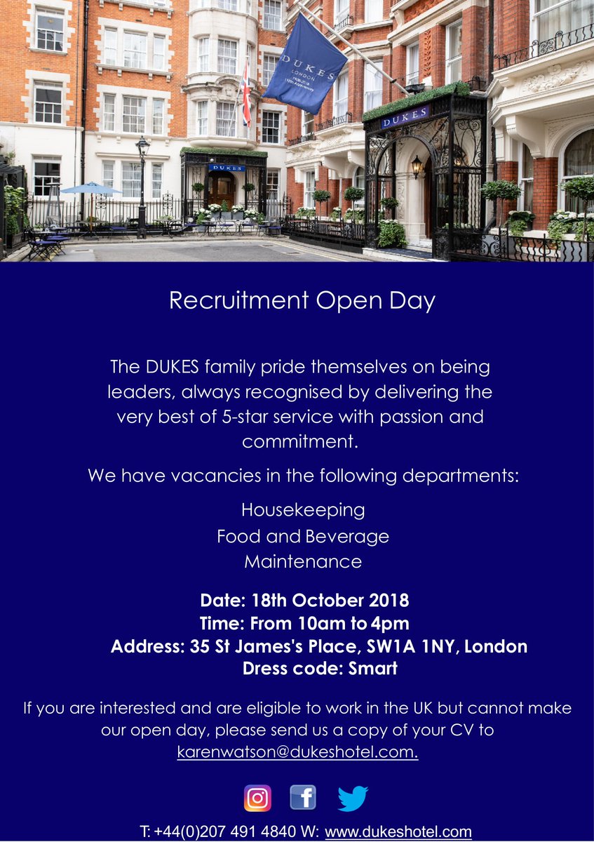 DUKESHOTEL's tweet photo. Check out our job opportunities and learn more about DUKES LONDON at our Recruitment Open Day! #dukeslife #dukeslondon https://t.co/s9CWPYh6da