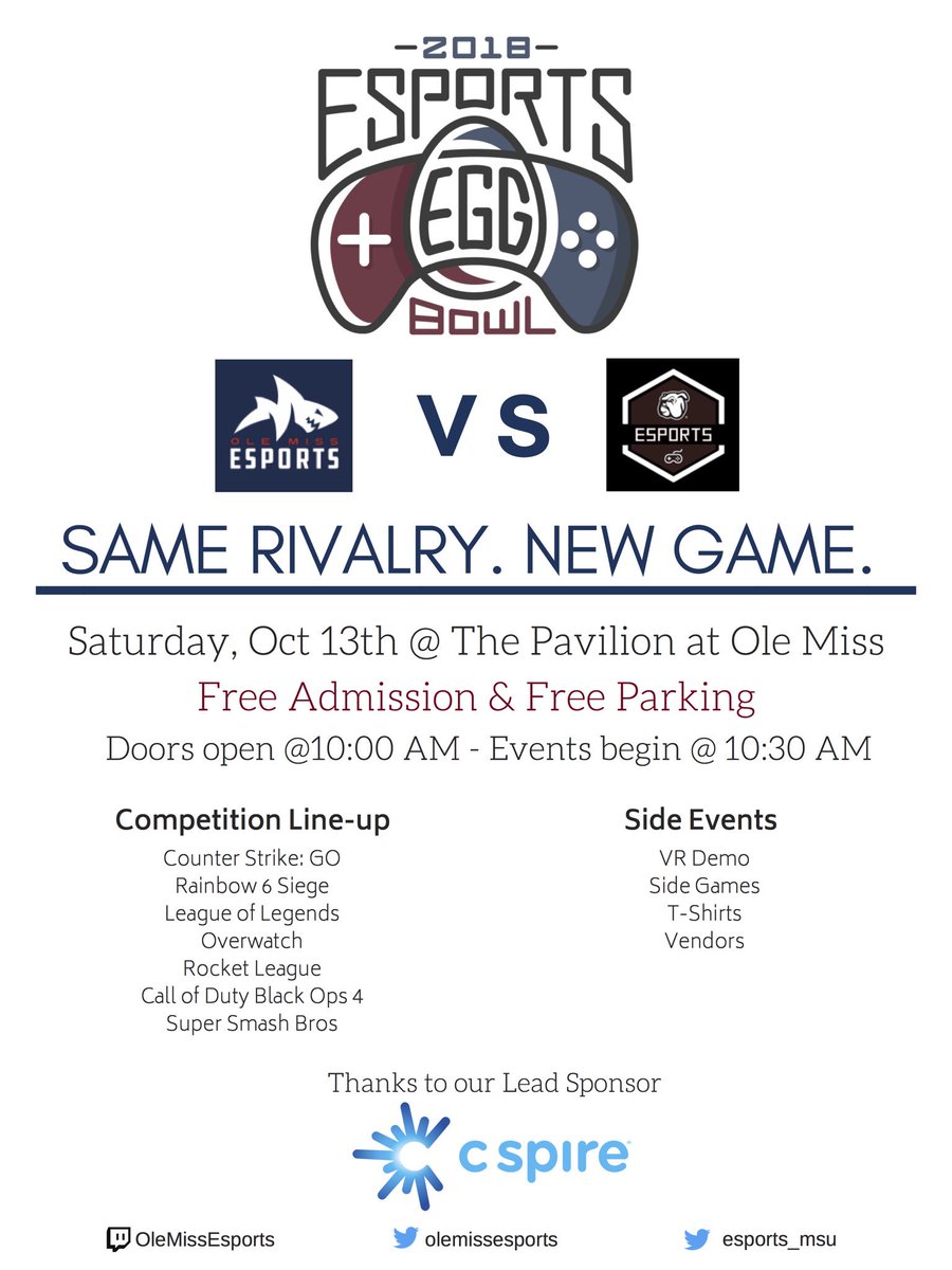 olemissengineer's tweet photo. We are excited about hosting the first ever ESports Egg Bowl this Saturday, October 13th at the Pavilion! Free admission so come and check us out!! #OleMiss #Engineering #BeatMSU @OleMissRebels https://t.co/yPEqxcnmmy