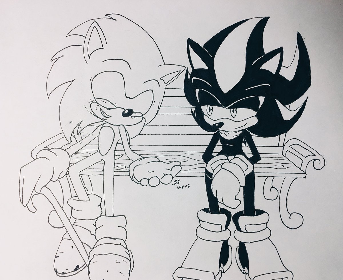 #Sonictober Day 10 - Time

XX years later, a much older Sonic is reminiscing with a still young as ever Shadow about the good old days. Shadow is patiently listening to his aged friend when he thinks smilingly to himself...
“Time hasn’t changed you a bit.”