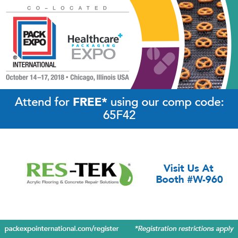ResTekUSA's tweet photo. Excited to be exhibiting @packexposhow this weekend in #Chicago! Stop by booth W-960 to learn about our seamless floors that cure in an hour! #PACKEXPOInternational #HCPEXPO #commercialflooring #goseamless https://t.co/UgylCjnajc