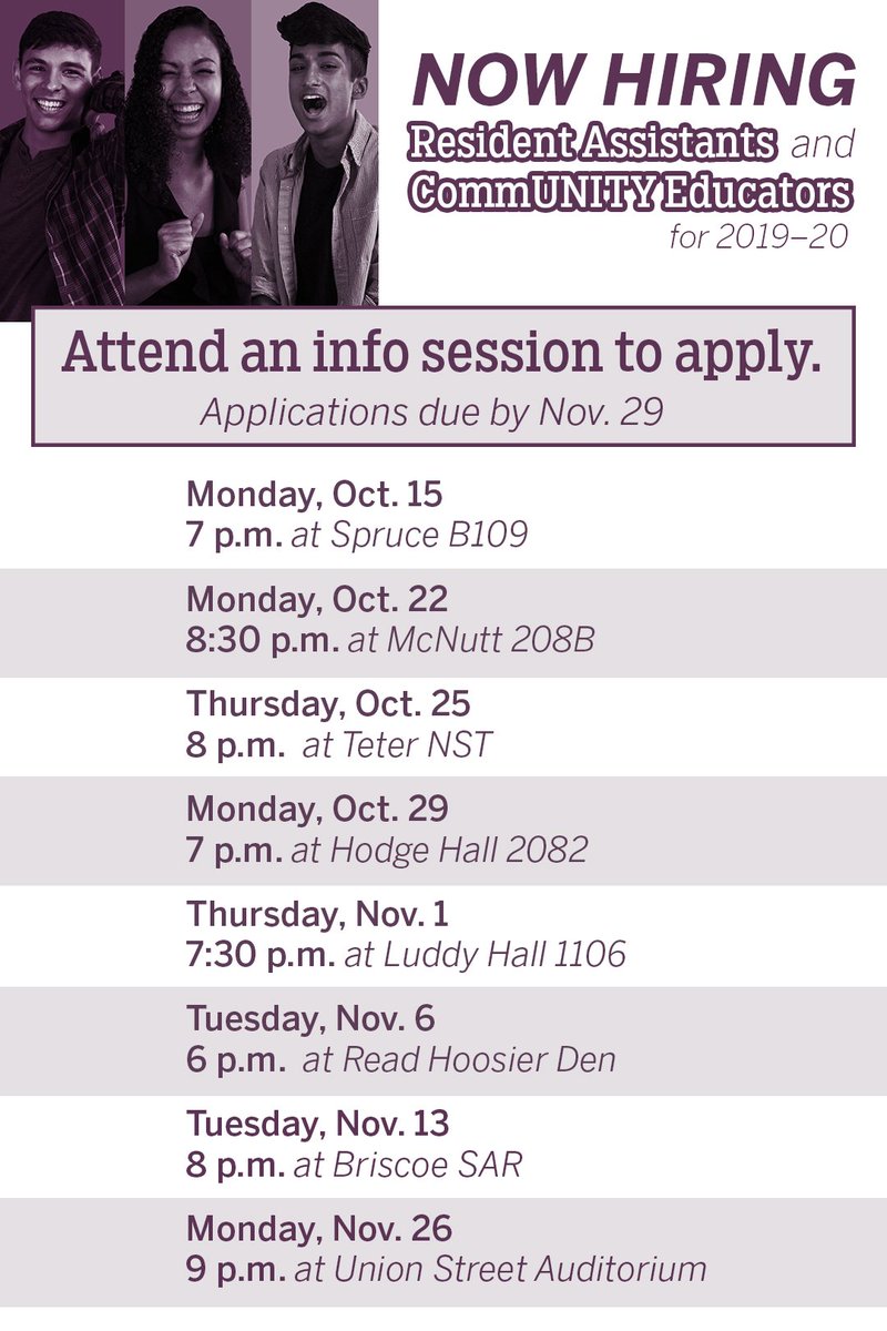 Want to apply to be a Resident Assistant or CommUNITY Educator for 2019-20? Attend one of the info sessions between now and the application deadline on November 29.

Find more details here: rps.indiana.edu/about/employme…
