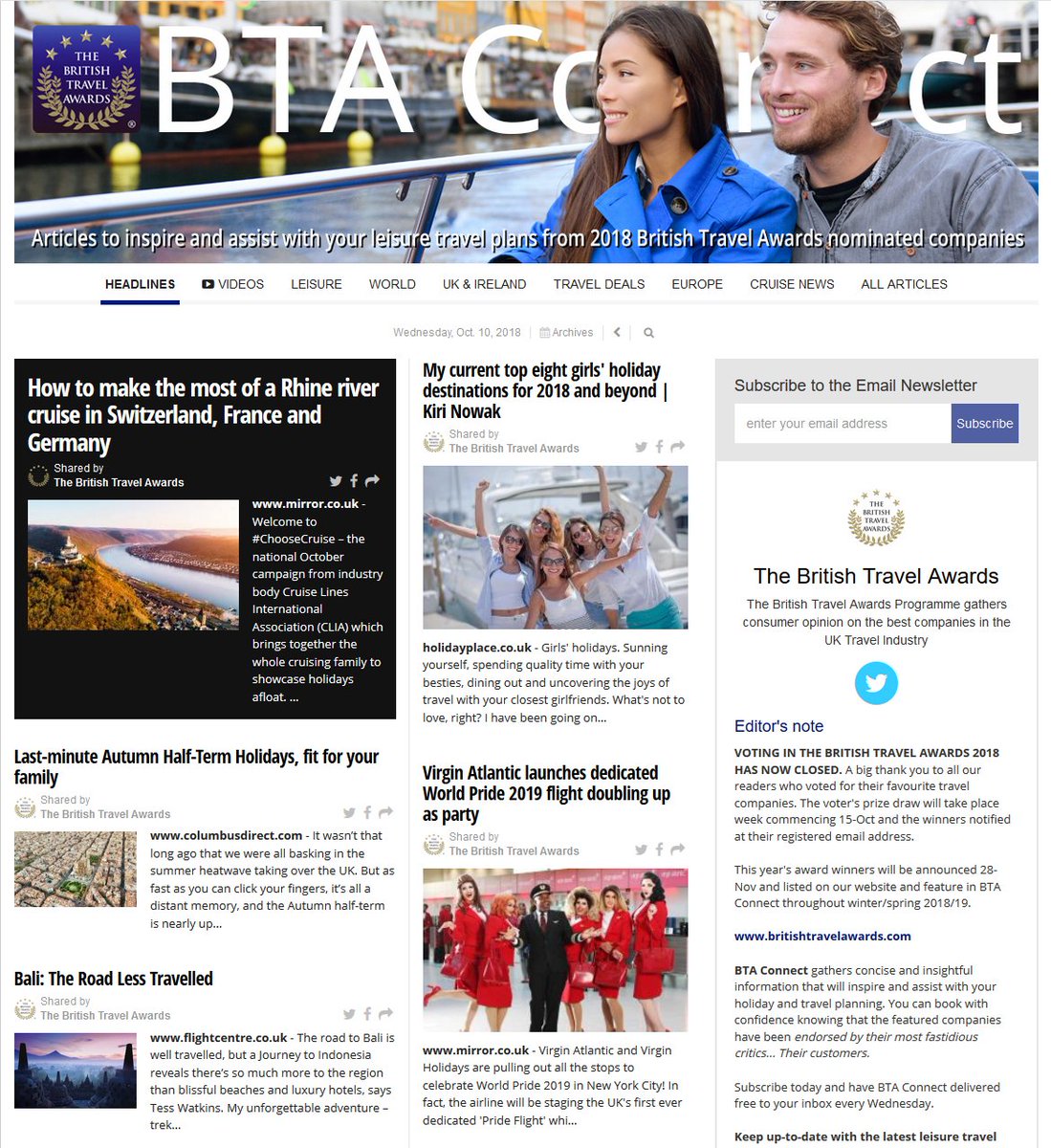 BritTravAwrds's tweet photo. #BTAconnect 10-Oct https://t.co/OVMKn4TANn latest #cruise #travel #selfcatering #uktravel #holidayideas #traveldeals #travelnews articles and video content from #voteBTA18 nominees. https://t.co/FwfvXSZqNl