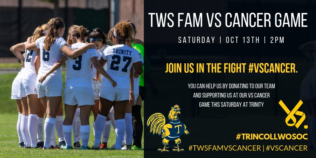 Trincollwosoc's tweet photo. We are very close to our goal of raising $10,000 in partnership with #VsCancer! Every dollar counts in this fight 💛
We hope to see you Saturday for our #TWSFamVsCancer Game- Kickoff @2pm !
Link to donate: https://t.co/oSMJ3rLeBx
#TrinityGood #RollBants🐔⚽️ #TrinCollWoSoc https://t.co/5QbBrS9NMz