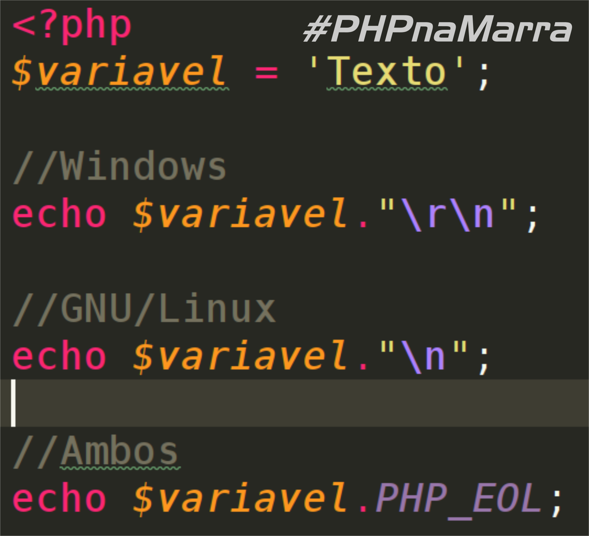 LatejaSchool's tweet image. Você já conhece o PHP_EOL? Então essa é uma constante disponivel desde o #PHP5 que torna mais prático a quebra de linha, independendo de Sistema Operacional, observe o exemplo #PHPnaMarra