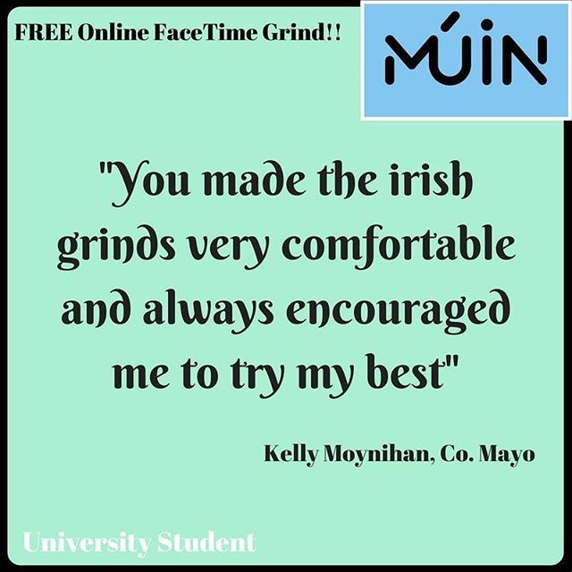 muinirish's tweet photo. FREE Online FaceTime Gaeilge Grind 
LINK IN BIO **Struggling with Gaeilge? Are you worried about the Irish Oral exam? - It's worth 40% of the Leaving Cert Exam. We can help!!** Teistiméireacht - Testimonial

We at Múin are providing students with 1 FREE … https://t.co/2xIcUeExNz https://t.co/1fiL1d1XyL