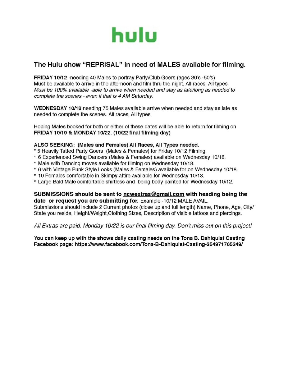 #NCfilm-ed pilot REPRISAL is looking for background talent, especially males, for upcoming filming in Wilmington area.  Check out the "photo" for more info as well as how to apply.