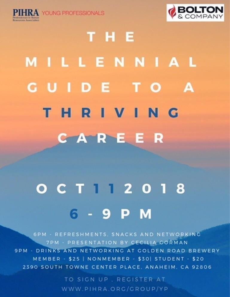 PIHRAEL's tweet photo. Join us for our workshop tomorrow night @BoltonCompany in Anaheim! Topic; The #Millennial Guide to a Thriving #Career. Come meet other #youngprofessionals in #HR and make your plan to move fwd! Register: https://t.co/Bag0u21yic #PIHRAYP #millennials #PIHRA #humanresources https://t.co/rLU7IXOSR5